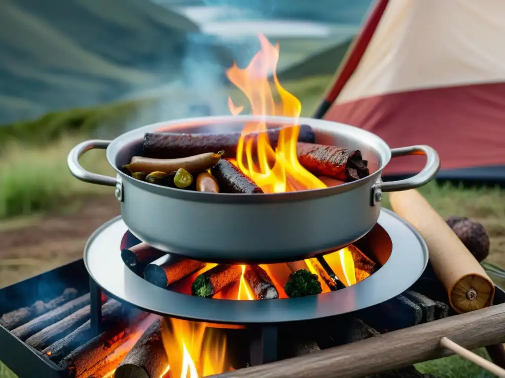 Delicias uruguayas en camping: fogón portátil en acción Cocinas portátiles camping Uruguay: Cocinando en un camping en las colinas de Uruguay, con chorizo y morcilla al fuego en una sartén