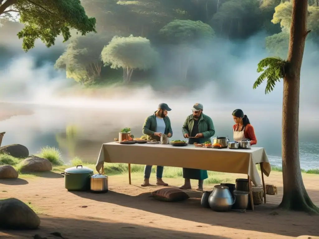 Campamento en Uruguay: Cocina portátil en el río Cocinas portátiles para camping en Uruguay: Campistas armando cocina al aire libre junto al río