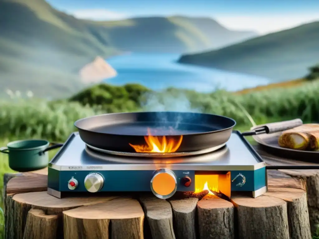 Estufa de camping vs Cocinas portátiles camping Uruguay: Comparación entre estufa moderna y fogata tradicional en campamento uruguayo pintoresco