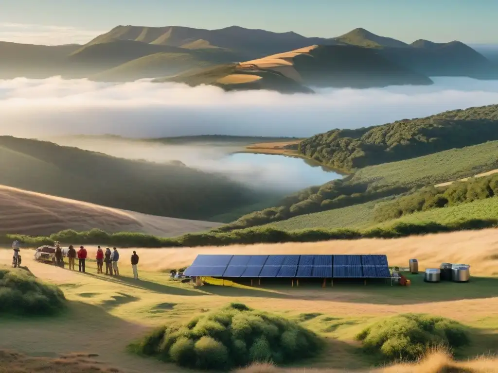 Cocina solar innovadora en campamento ecológico en Uruguay Cocinas solares camping Uruguay: Campistas fascinados por cocina solar en paisaje verde