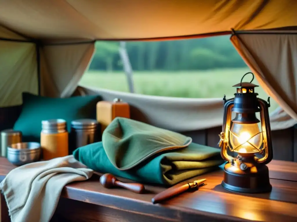 Antiguos artefactos de camping uruguayos: historia y detalles Una colección de artefactos de camping antiguos de Uruguay perfectamente conservados en una mesa de madera envejecida, iluminados por luz natural