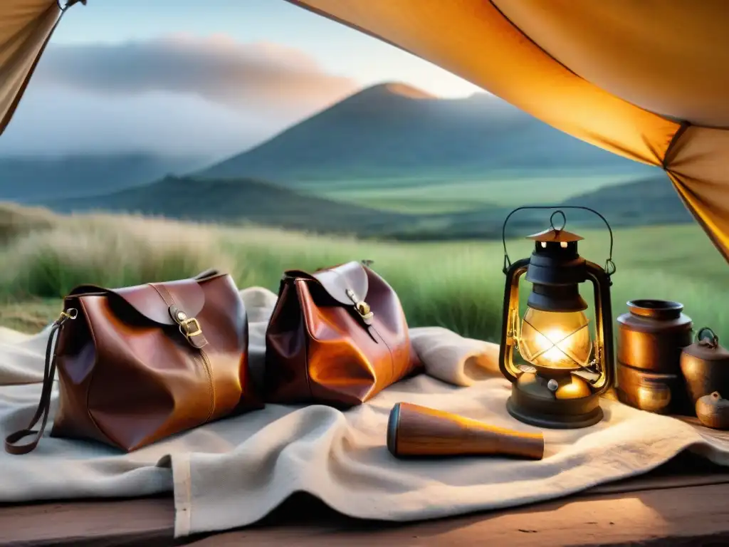Reliquias de campamento en Uruguay: historia tejida en cuero y lona Una colección de artefactos de camping antiguos en Uruguay, bañados por la cálida luz del atardecer