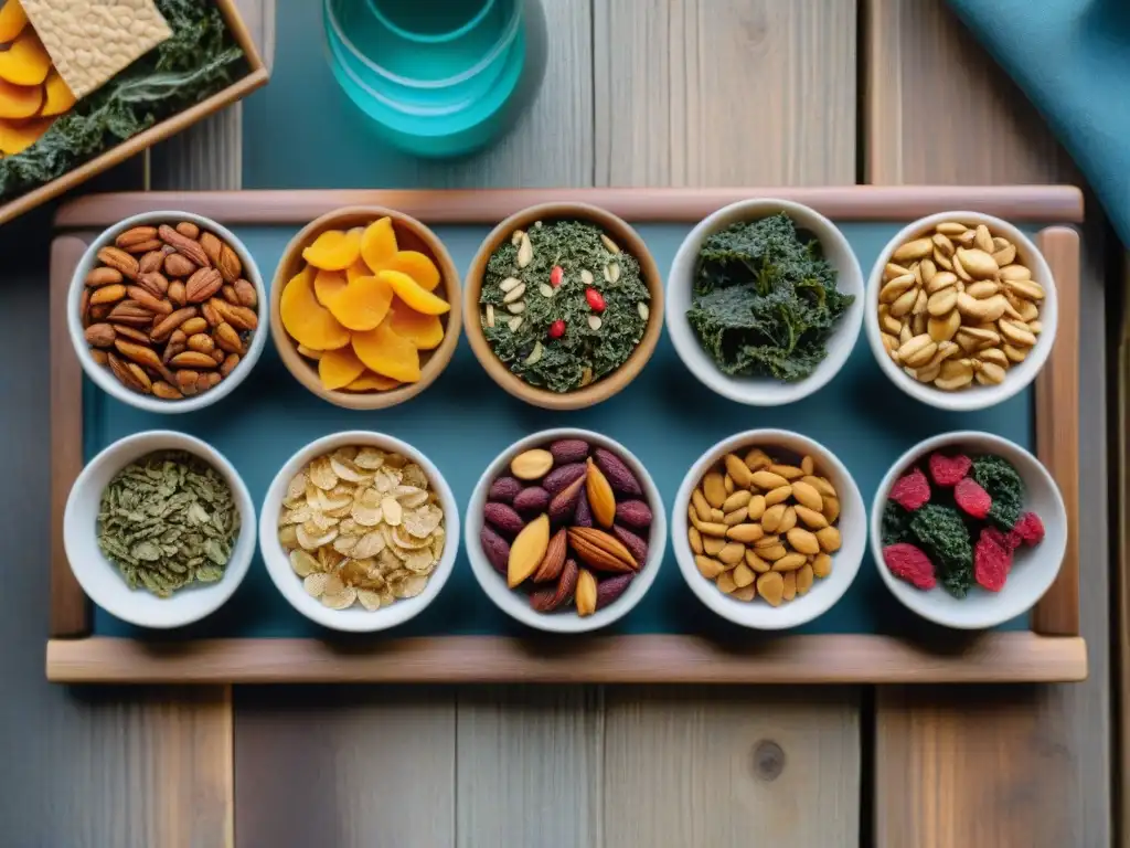 Deliciosos snacks deshidratados para senderismo en mesa rústica Coloridos snacks deshidratados para caminatas largas en mesa rústica, evocando aventura y preparación