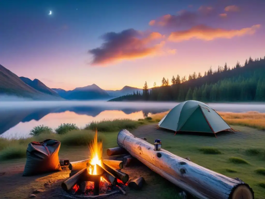 Escena de camping al atardecer con GPS de alta tecnología Comparativa GPS de mano vs