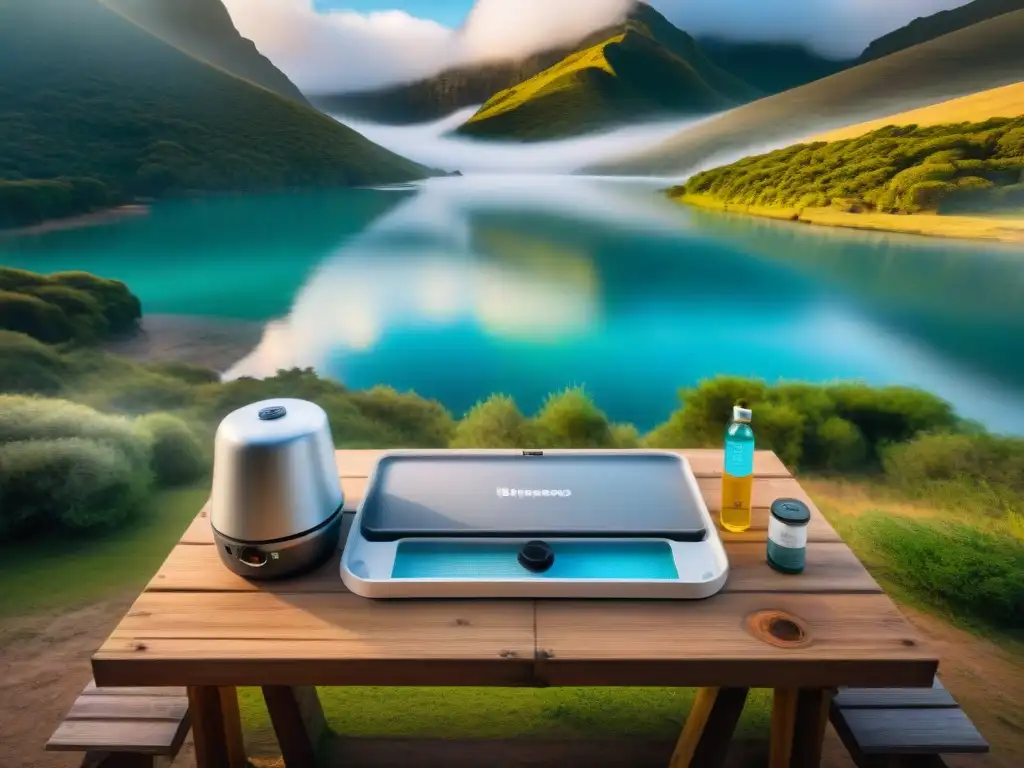 Comparativa purificadores de agua: campamento en Uruguay Comparativa sistemas purificación agua para campistas en Uruguay, en mesa de camping rústica