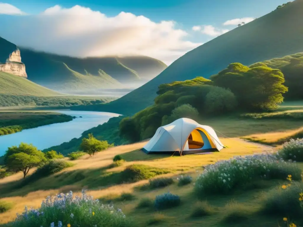 Tienda de lujo en la naturaleza uruguaya Comparativa tiendas campaña alta gama: lujosa tienda de camping en el campo uruguayo, rodeada de naturaleza serena y colorida