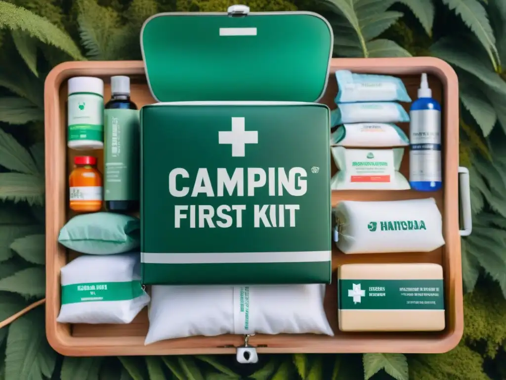 Kit de primeros auxilios para camping en Uruguay Un completo botiquín de camping uruguayo esencial, organizado y detallado en una mesa de madera en medio de un bosque verde exuberante