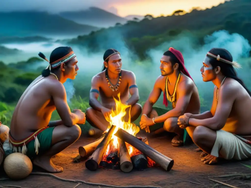 Rituales guaraníes en la selva de Uruguay Una comunidad Guarani en Uruguay, con atuendos tradicionales, reunida alrededor de una fogata en la selva