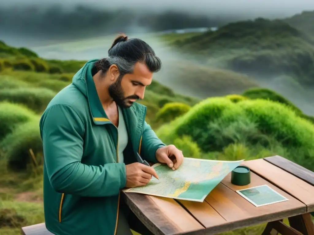 Explorador en Uruguay: Lectura de mapa detallada en entorno natural Camper en Uruguay concentrado leyendo mapa en camping