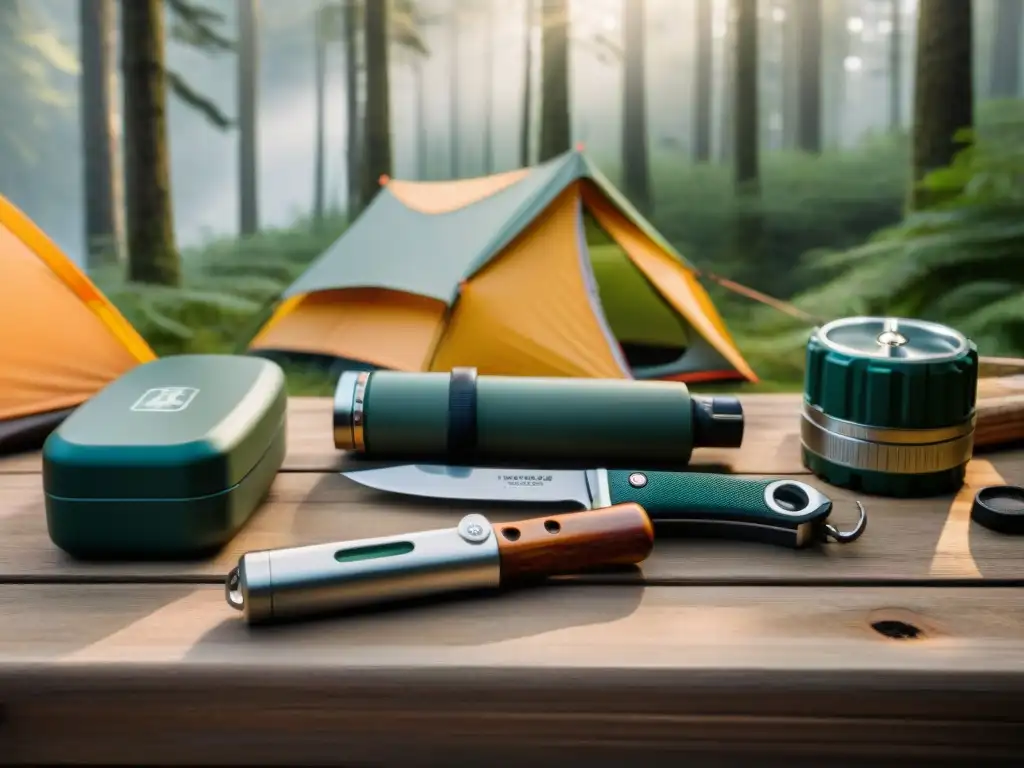 Kit de herramientas de camping: detalle y calidad en la naturaleza Conjunto de herramientas multifuncionales para camping en detallada presentación sobre mesa de madera rústica, resaltando calidad y diseño