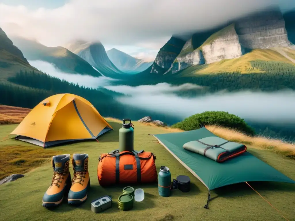 Equipo de camping de lujo con vista a la montaña Conjunto de lujo para acampar con tienda de diseño y paisaje montañoso, ideal para un artículo sobre ropa de camping de lujo