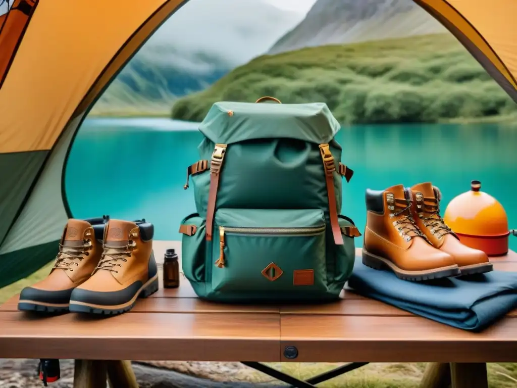 Outfit de camping de lujo: equipamiento premium en escenario natural Un conjunto de ropa de camping de lujo en un entorno natural, destacando calidad y diseño