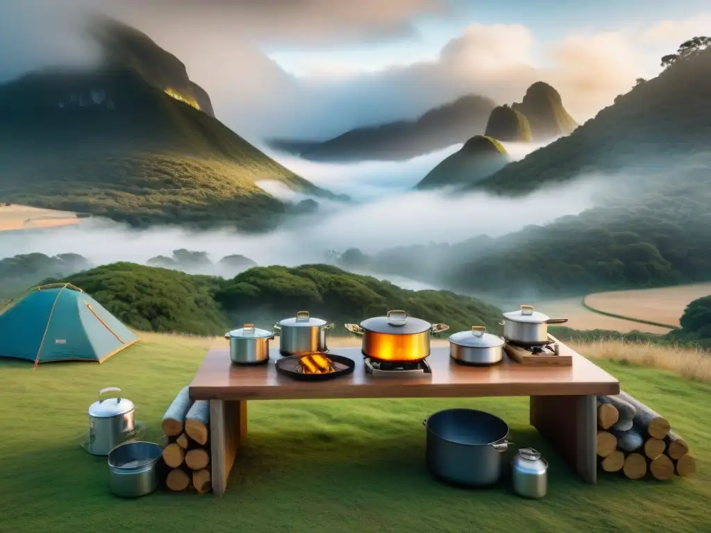Cocinas portátiles en campamento: escena detallada en Uruguay Consejos cocina portátil camping en un escenario natural con campistas cocinando al aire libre