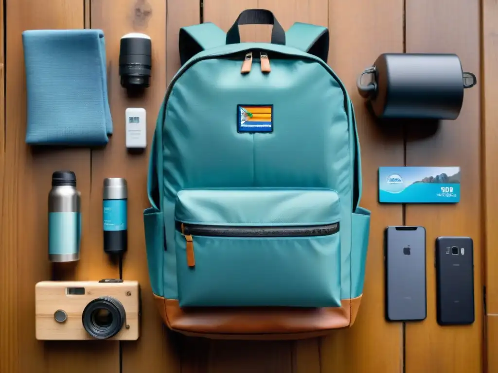 Packing list para viajar a Uruguay: mochila organizada en detalle Consejos mochila clima Uruguay: Mochila organizada en mesa de madera con artículos esenciales para diferentes condiciones climáticas