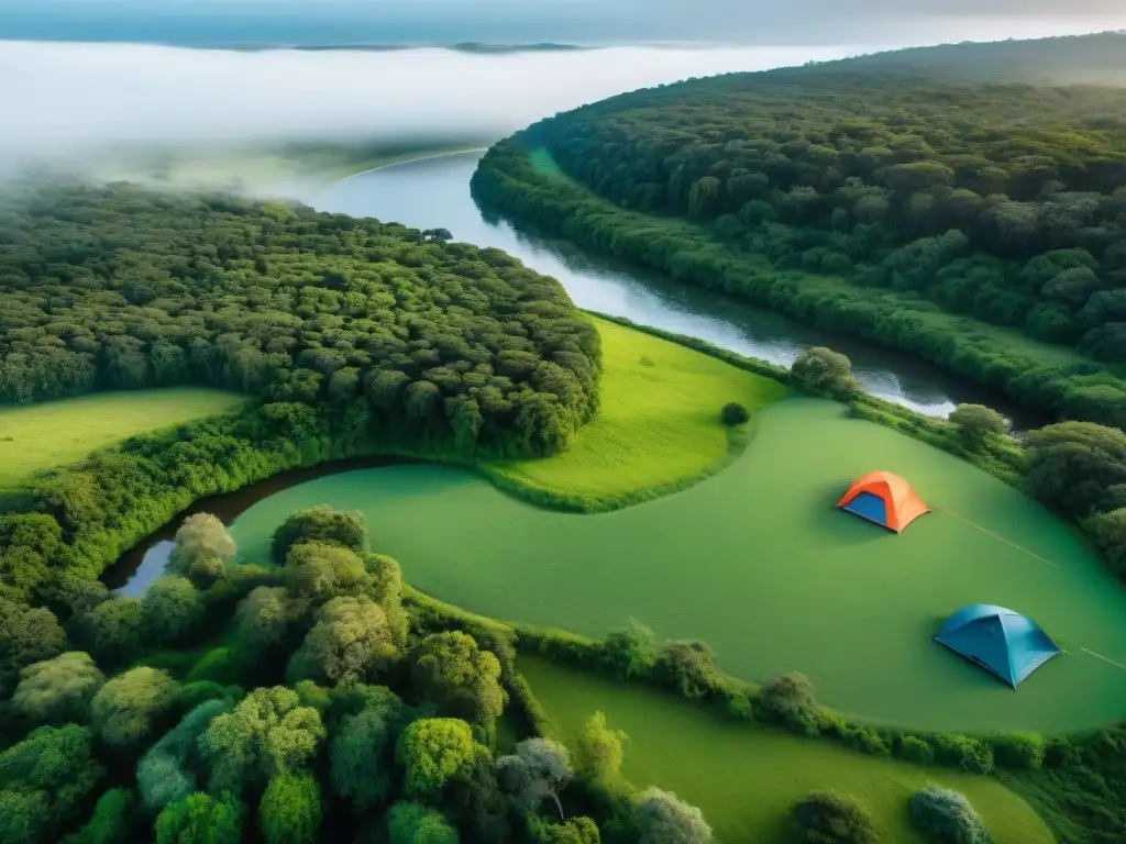 Exuberante paisaje natural en Uruguay: camping perfecto Consejos para planificar rutas de camping en Uruguay: vista aérea de paisaje verde con ríos y bosques, tiendas de colores en camping