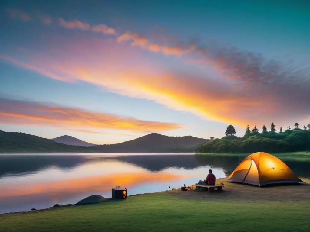 Tranquilo atardecer de pesca en lago de Uruguay Consejos para acampar seguro cerca del agua en Uruguay: Atardecer tranquilo en el lago, familia acampando y pescador en barca al atardecer