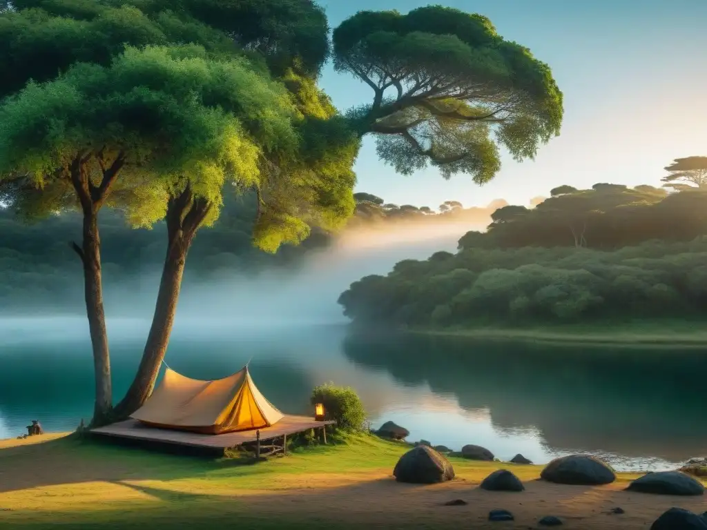 Campamento tranquilo junto al lago en Uruguay Consejos para acampar seguro cerca del agua en Uruguay: Un campamento sereno junto a un lago, con tienda, fogata y hamaca al atardecer