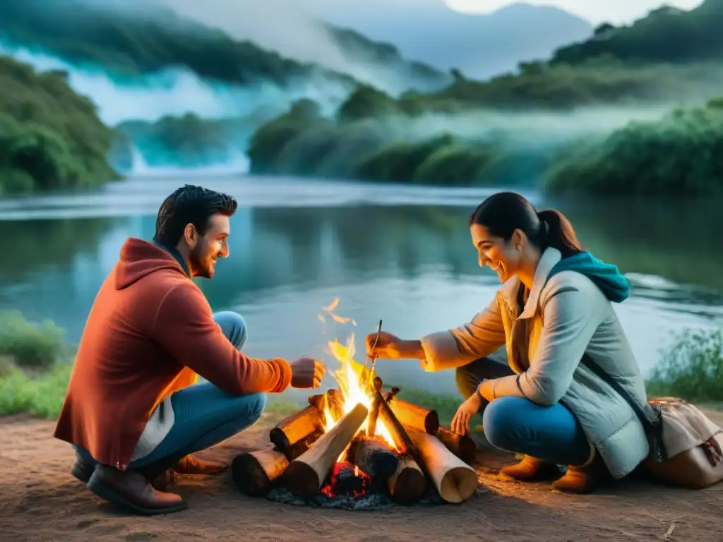 Elaboración de conservas en campamento: unión y naturaleza en Uruguay Preparando conservas caseras para camping en Uruguay junto al río y la naturaleza exuberante