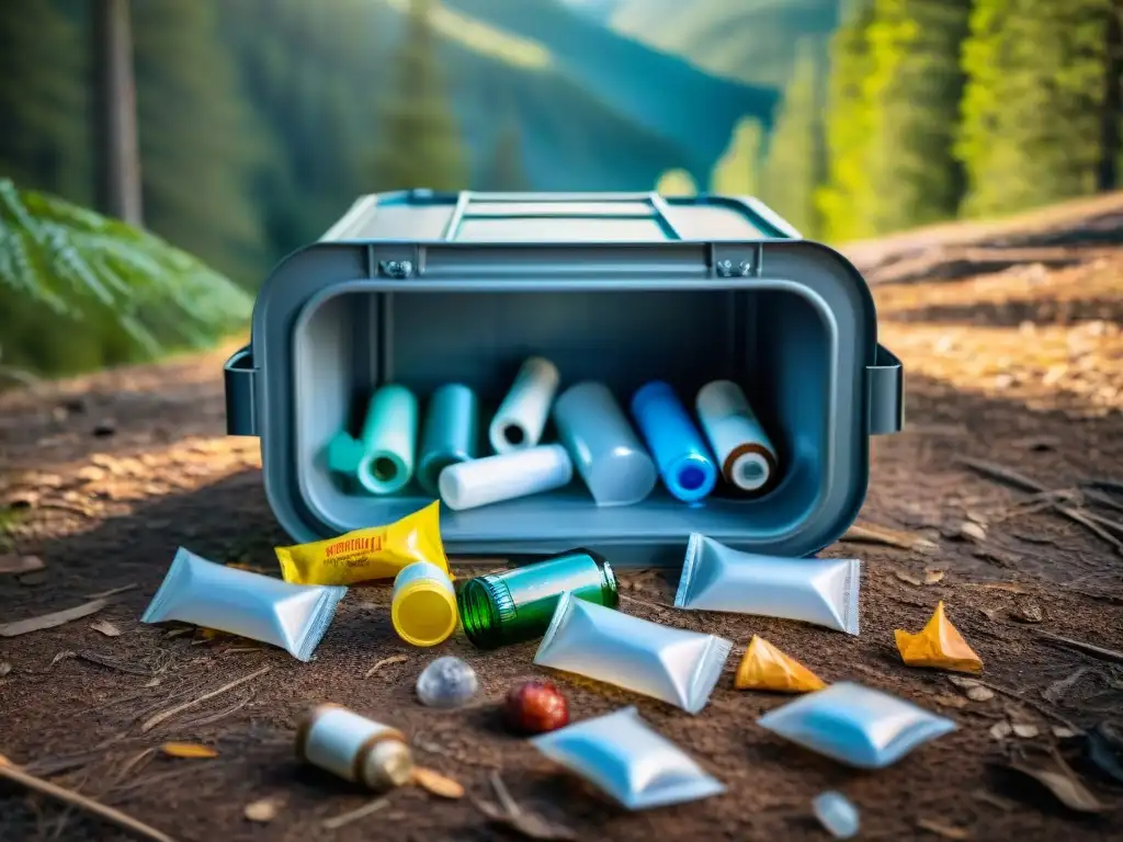 Basura desbordante en campamento: impacto ambiental Un contenedor de basura desbordado en un camping, resalta la importancia de la minimización de basura en campings