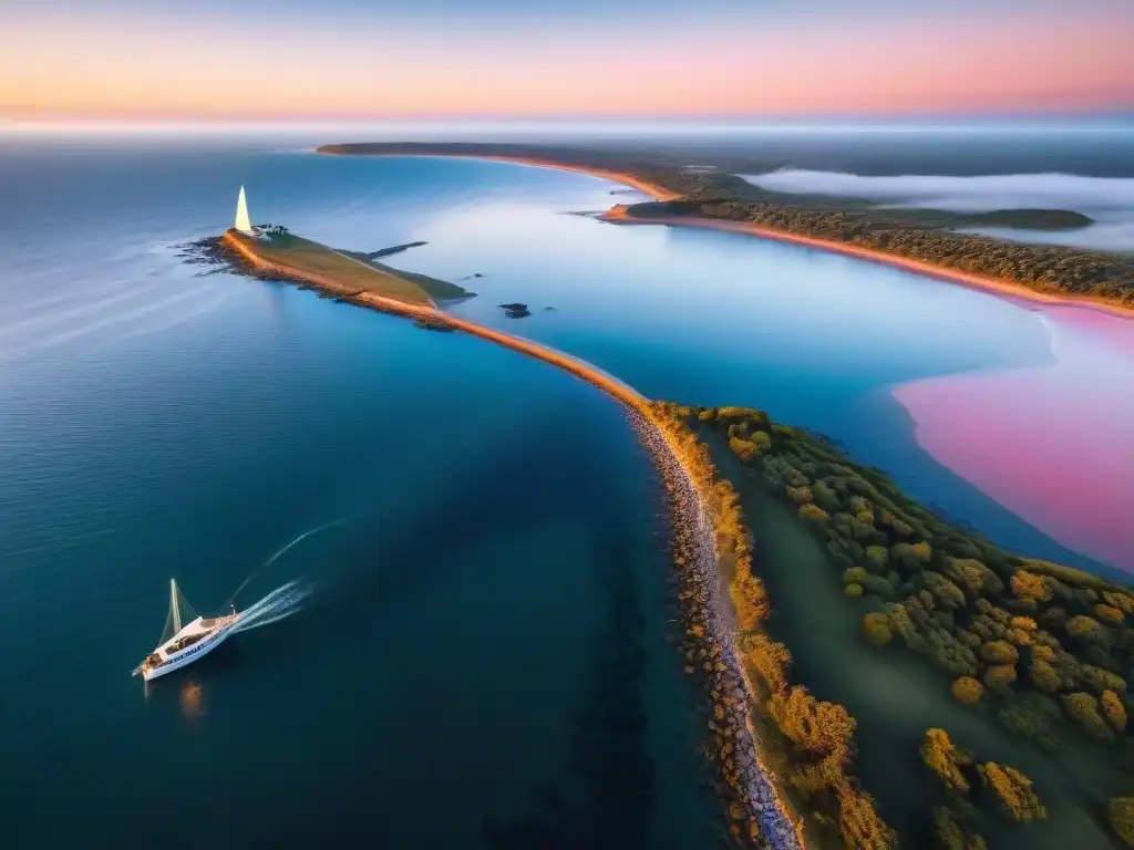 Costa uruguaya al atardecer desde un dron, reflejando paz en el mar