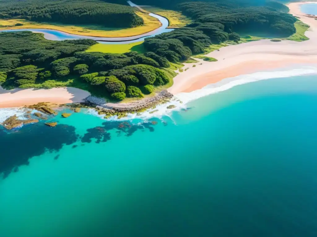 Costa de Punta del Este, Uruguay: playas doradas, aguas turquesas y vegetación exuberante desde un dron