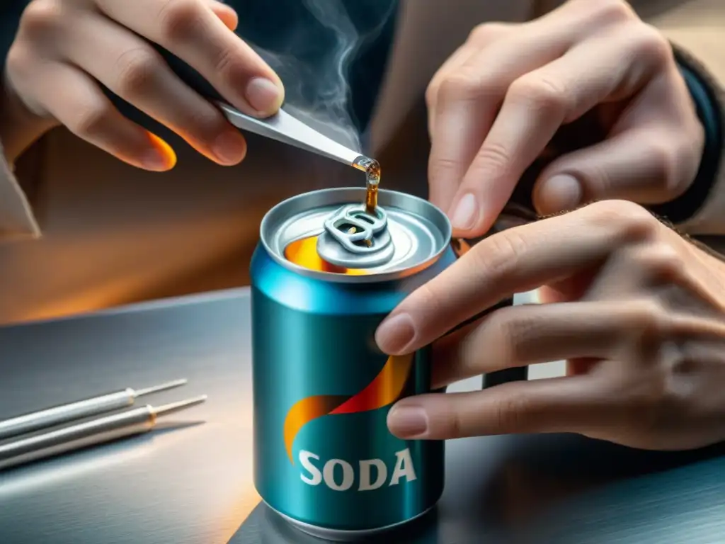 Creación de calentador portátil: Detalles en metal Creación detallada de un calentador portátil casero con una lata de metal, destacando la meticulosidad y creatividad en el proceso