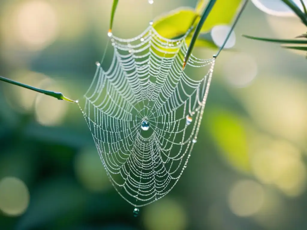 Telaraña brillante con gotas de rocío en camping Spider web cubierta de rocío en la suave luz matutina de un camping