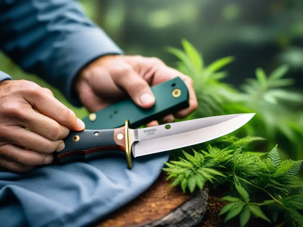 Arma de supervivencia afilada: meticulosa limpieza en la naturaleza Un cuchillo de supervivencia siendo limpiado y afilado en un remoto camping en Uruguay