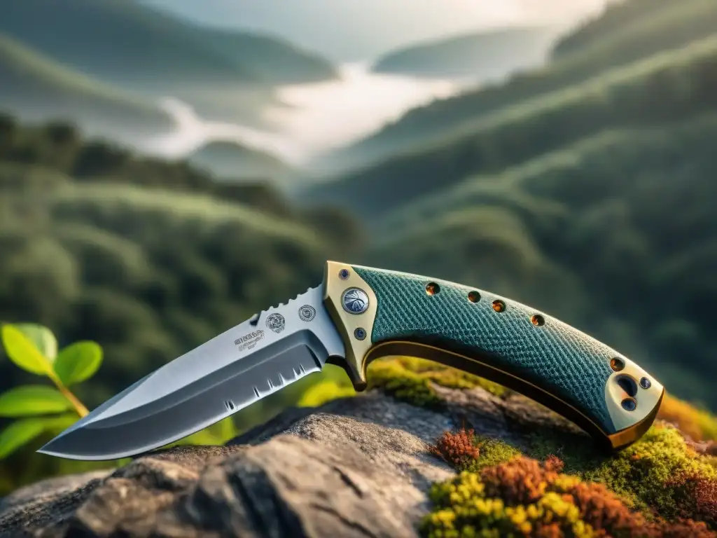 Detalles de cuchillo de supervivencia en la selva de Uruguay Un cuchillo de supervivencia desgastado en un bosque de Uruguay