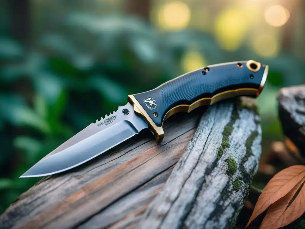 Navaja de supervivencia en entorno natural: detalle y contraste Un cuchillo de supervivencia en un entorno natural, mostrando su hoja brillante y mango texturizado