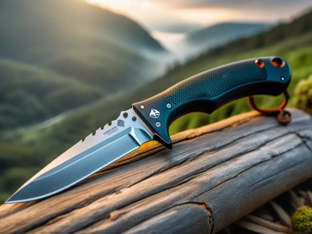 Navaja de supervivencia: detallada y resistente en entorno natural Un cuchillo de supervivencia robusto y detallado, con mango negro y hoja brillante, en un escenario natural en Uruguay
