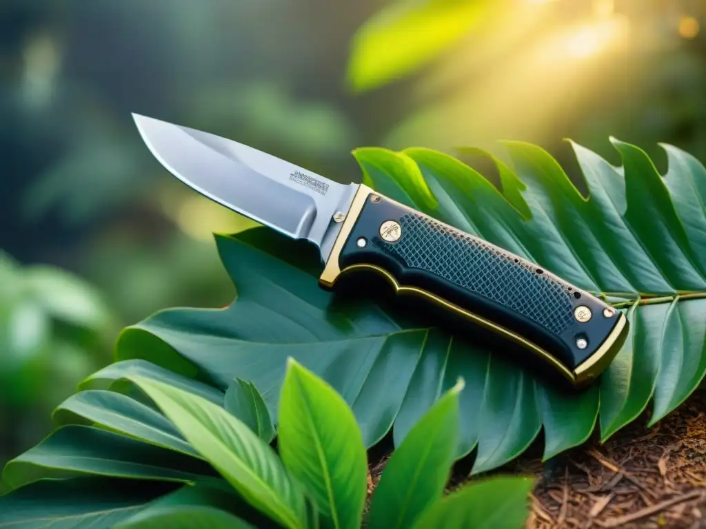 Navaja de supervivencia en la naturaleza de Uruguay Un cuchillo de supervivencia robusto con mango negro y hoja brillante, en un entorno natural de Uruguay