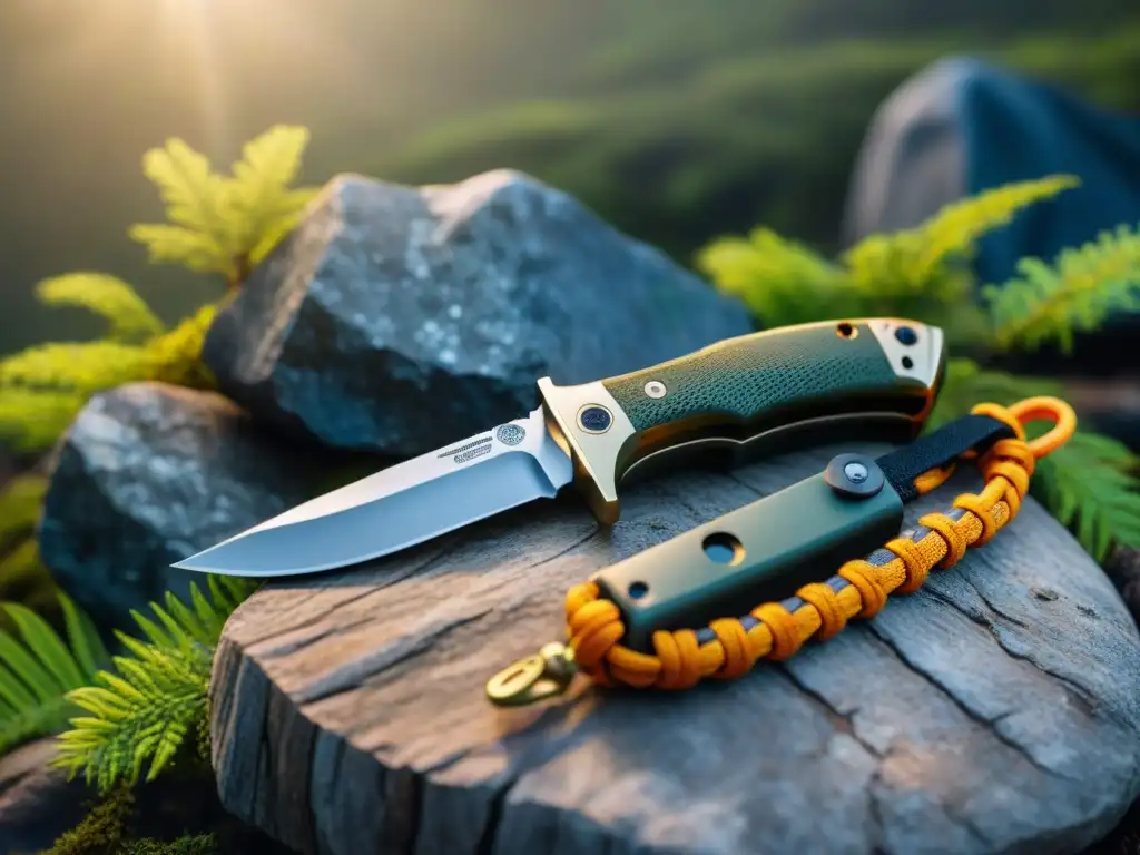 Navaja de supervivencia en bosque de Uruguay Un cuchillo de supervivencia robusto descansa sobre una roca cubierta de musgo en un bosque frondoso, resaltando su filo en la luz del sol filtrada