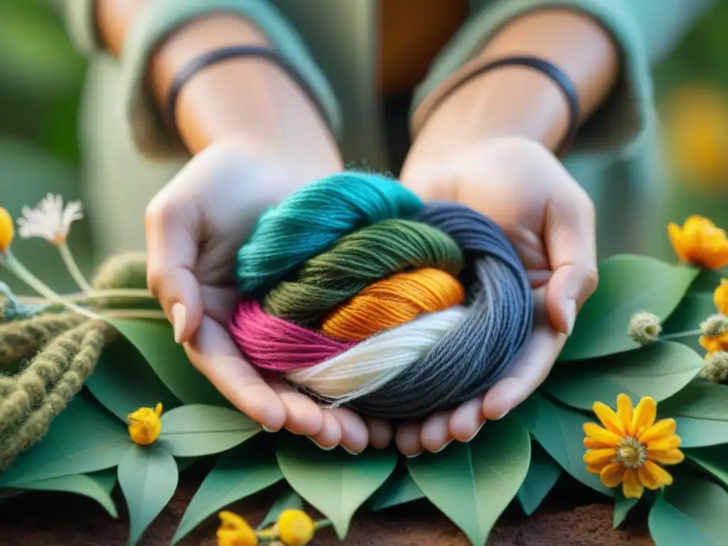 Artesanía infantil: tejiendo pájaro uruguayo con hilos reciclados Niño tejiendo con cuidado una réplica de pájaro uruguayo con hilos reciclados, rodeado de naturaleza