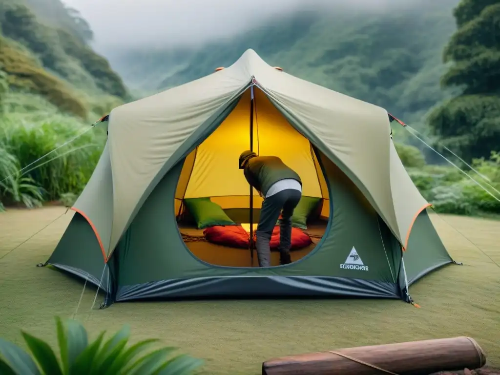 Limpiando y manteniendo tienda de campaña de lujo en la naturaleza Cuidado tienda campaña alta gama: Persona limpia y cuida detalladamente una tienda de campaña premium en un entorno natural sereno