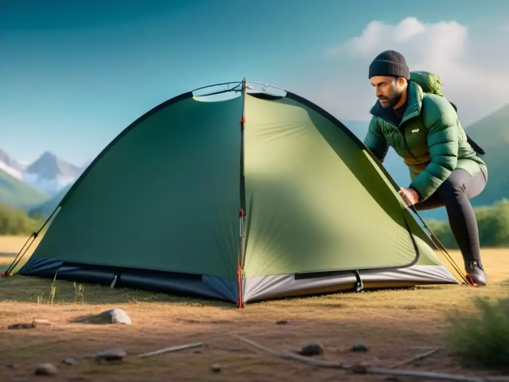 Guía experta para guardar tu tienda de campaña premium Cuidado tienda campaña alta gama: Persona dobla y guarda tienda con meticulosidad en bolsa protectora, mostrando técnicas correctas