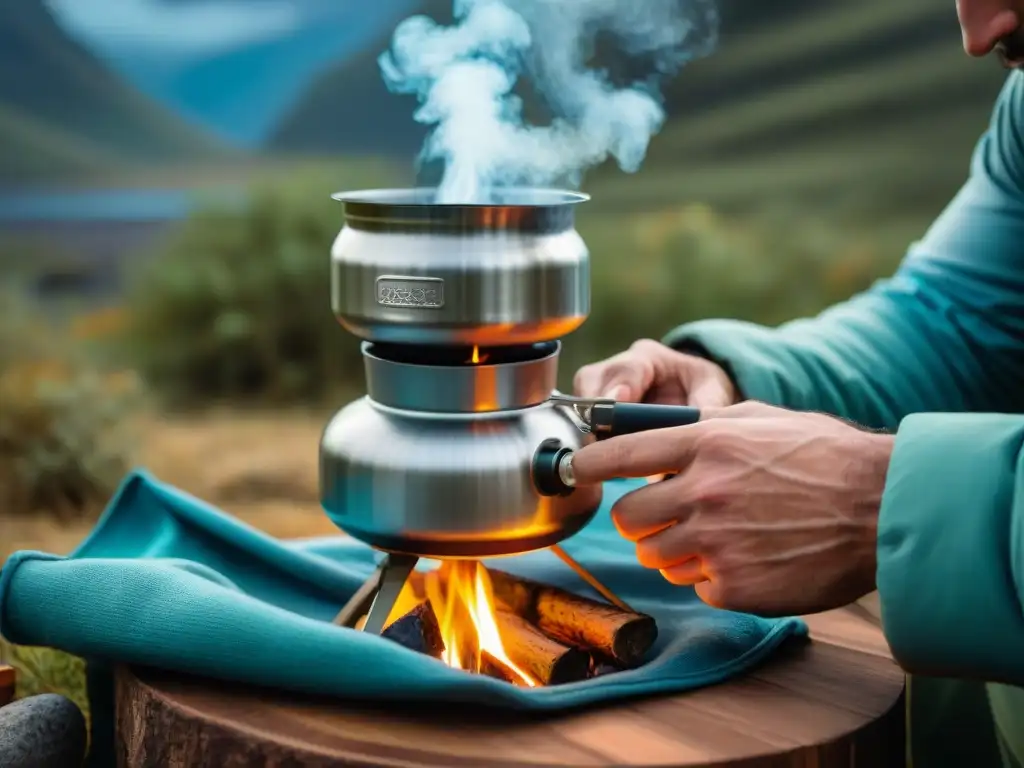 Mantenimiento detallado de cocina camping en Uruguay Un cuidadoso mantenimiento de una cocina portátil para camping en Uruguay, resaltando la importancia de su limpieza detallada en el entorno natural