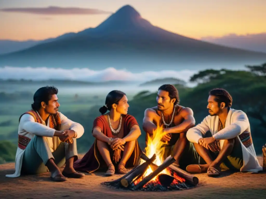 Grupo indígena uruguayo alrededor de fogata al atardecer Cultura indígena en camping Uruguay: Grupo alrededor de fogata al atardecer, compartiendo historias en paisaje natural