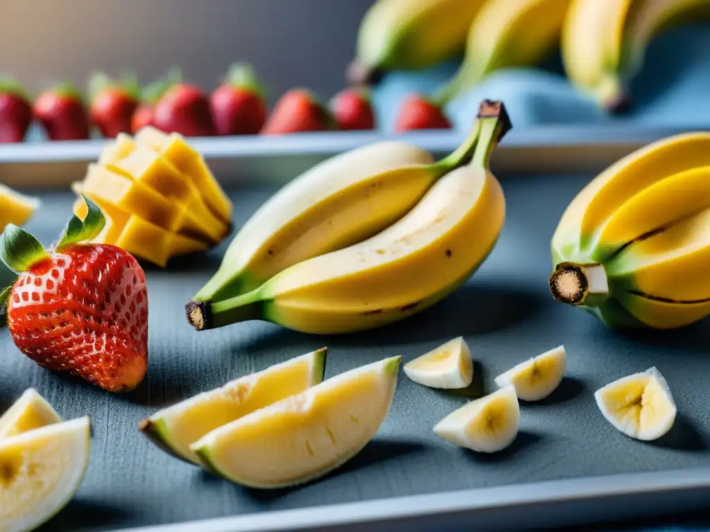 Deliciosas frutas deshidratadas: proceso detallado bajo cálida luz Delicadas frutas deshidratadas brillando bajo cálida luz, listas para camping en Uruguay