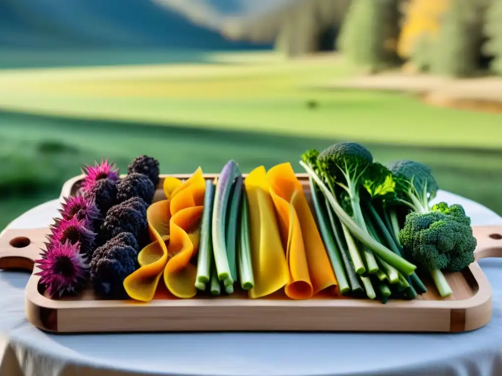 Vegetales deshidratados: colores vibrantes en la naturaleza Delicadas verduras deshidratadas en bandeja de madera en escena de camping