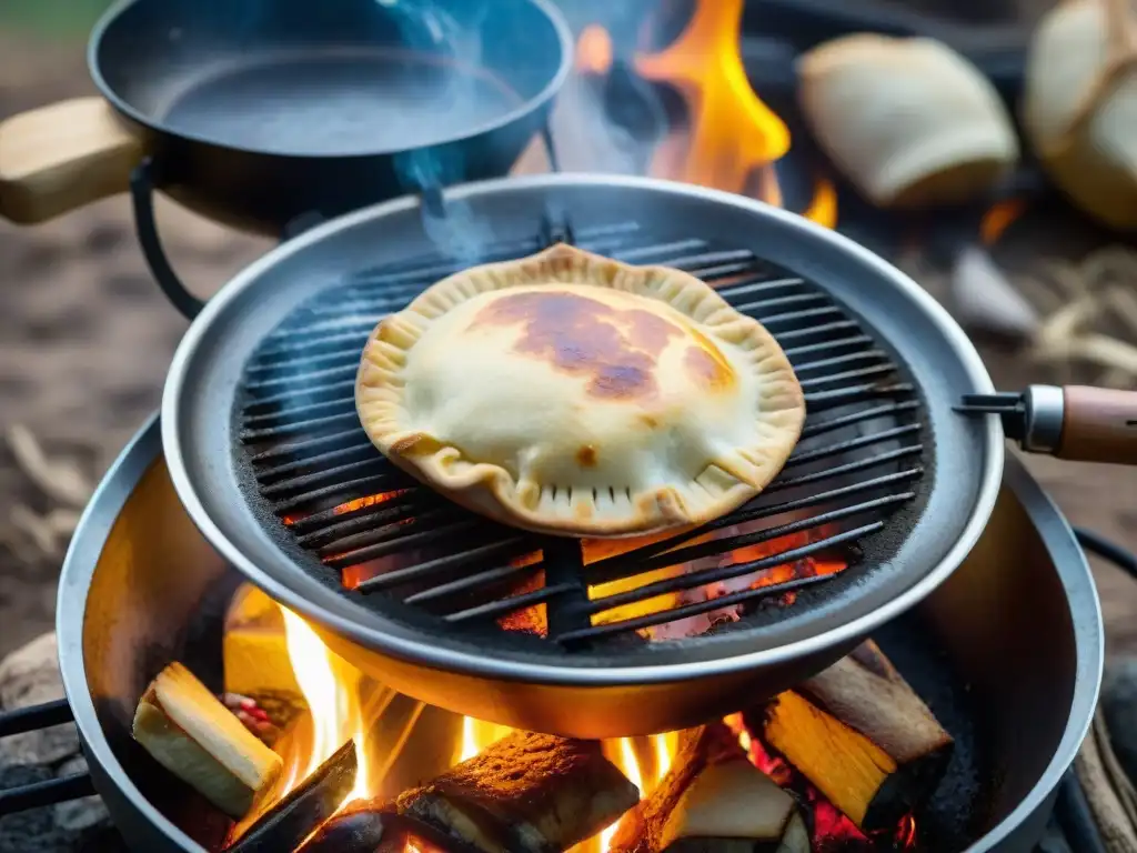 Empanada uruguaya crujiente cocinándose en disco sobre fogata Deliciosa empanada uruguaya dorada cocinándose en disco de camping, con ambiente rústico y humeante