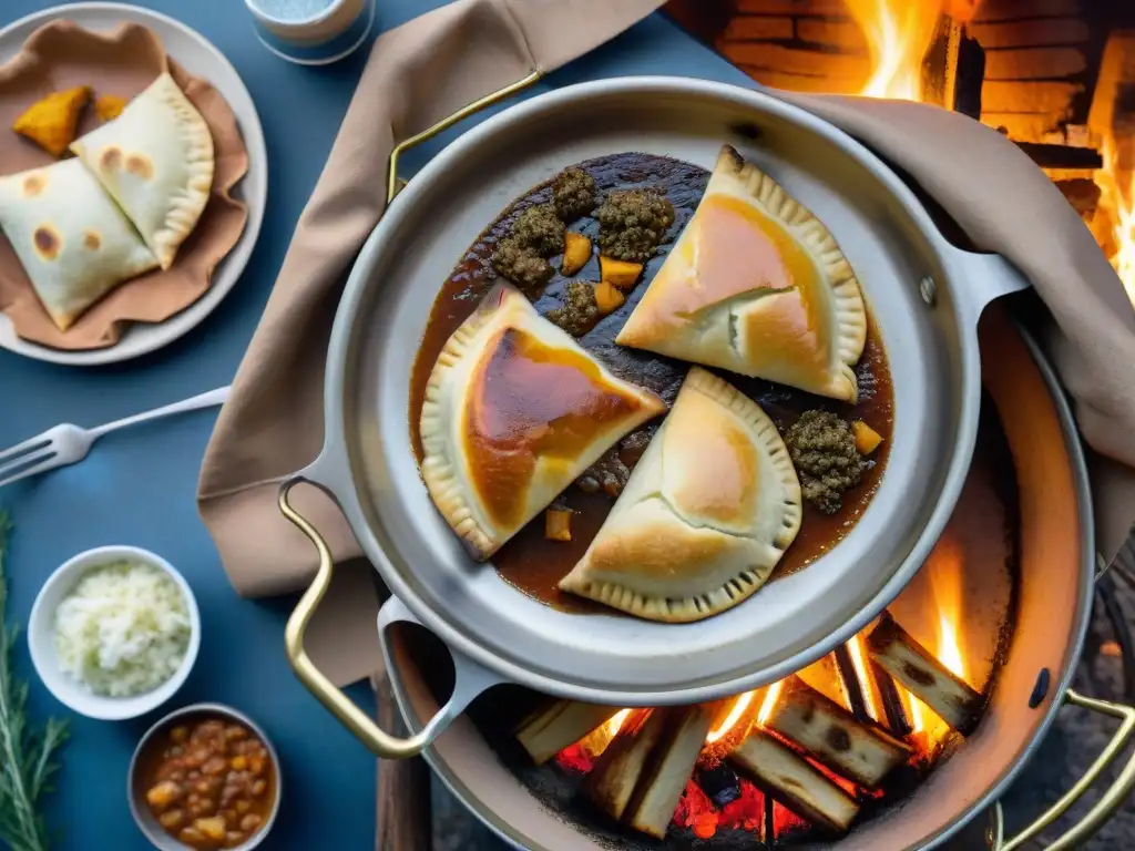 Empanadas uruguayas al fuego: tradición y sabor en la naturaleza Deliciosa escena de camping uruguayo con empanadas doradas en disco, fuego y noche estrellada