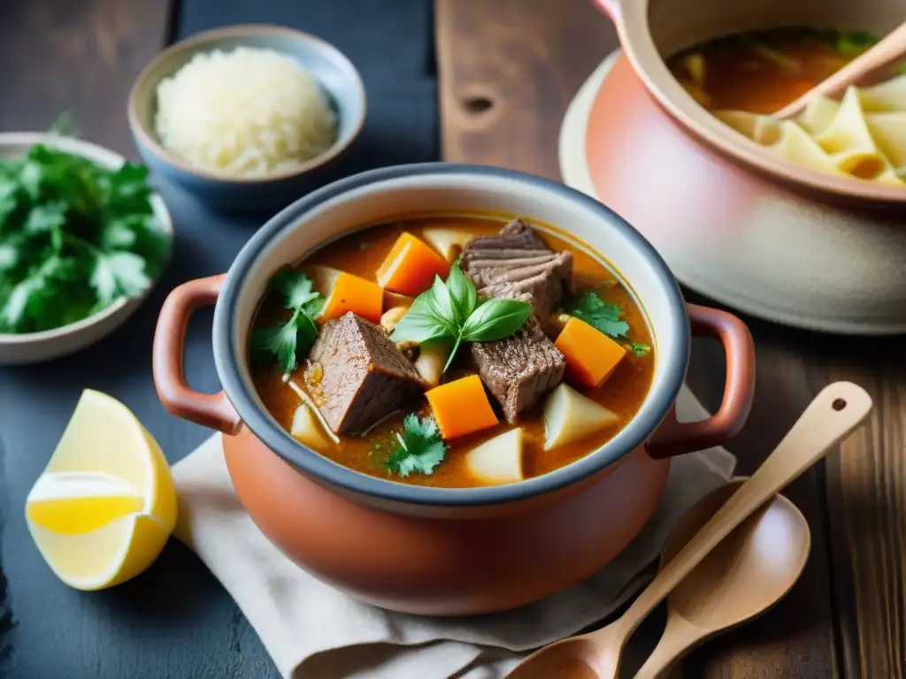 Deliciosa sopa de mondongo uruguaya en olla de barro, ilustrando el calor y sabor de las Recetas de sopas y guisos