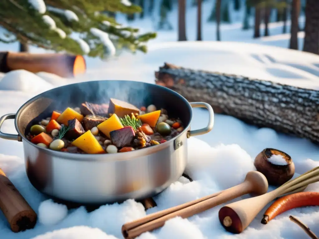 Caliente estofado de campamento en bosque nevado Deliciosa receta cocina campamento invierno: olla humeante con estofado rodeada de pinos nevados