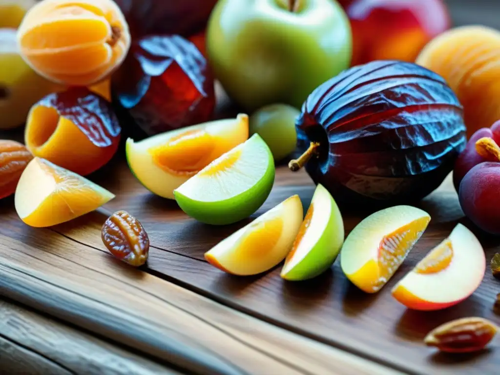 Deliciosas frutas deshidratadas: colores y texturas naturales en detalle Deliciosas frutas deshidratadas para camping en Uruguay, vibrantes y variadas, dispuestas sobre madera rústica
