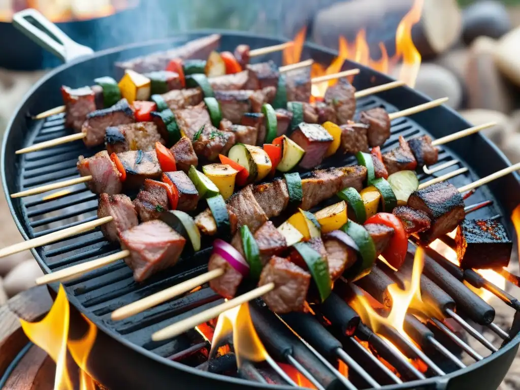 Deliciosas brochetas de carne marinada listas para la parrilla Deliciosas variedades de carnes y vegetales marinados listos para la parrilla en un campamento