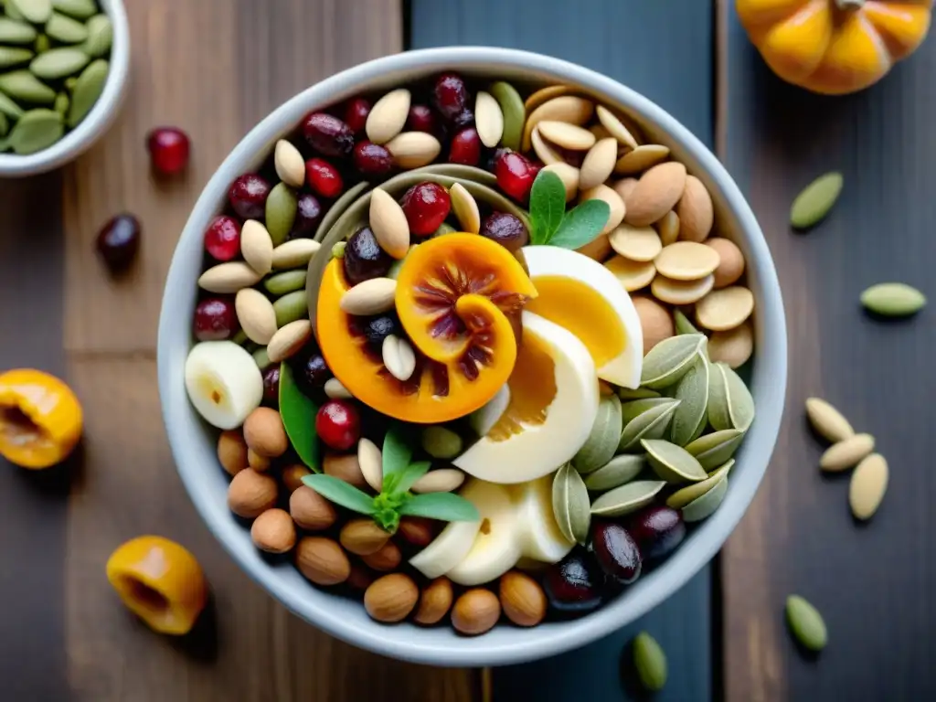 Delicioso mix de frutos secos y chocolate en espiral Un delicioso y colorido mix de alimentos esenciales para travesías en Uruguay, con texturas y colores vibrantes en una composición detallada