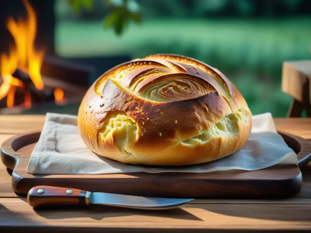 Pan casero uruguayo en entorno campestre Delicioso pan casero uruguayo en entorno de camping, con corteza dorada y suave miga, rodeado de naturaleza y fogata