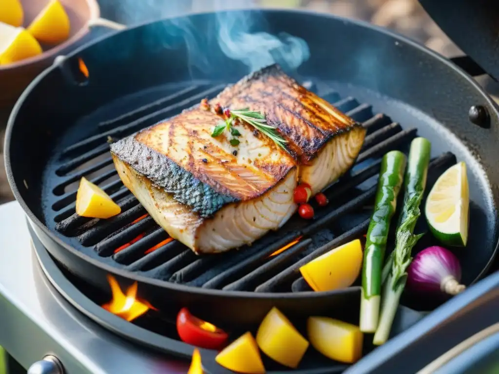 Delicioso pescado a la parrilla en la naturaleza Delicioso pescado a la parrilla en ambiente de camping, con consejos para cocinar al aire libre