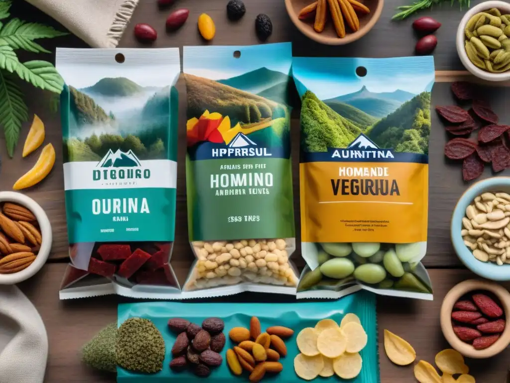 Deliciosos snacks deshidratados para acampar en Uruguay Deliciosos snacks deshidratados para camping en Uruguay, sobre mesa rústica frente a un bosque verde